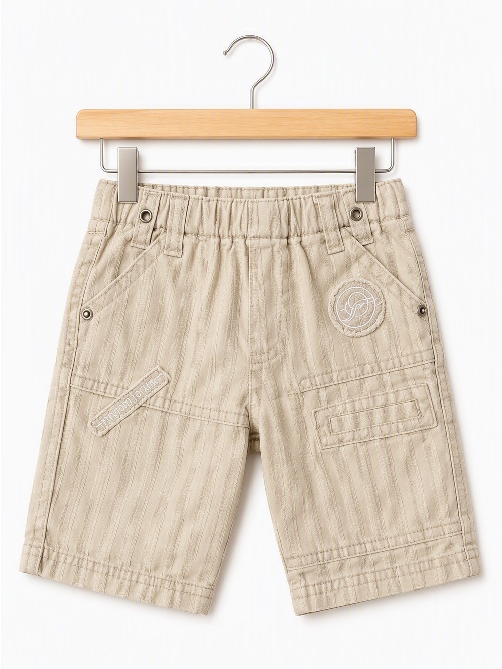 Vintage Unique Textured Orchestra Stripe Cargo Shorts Khaki Beige Baby Boy 12M